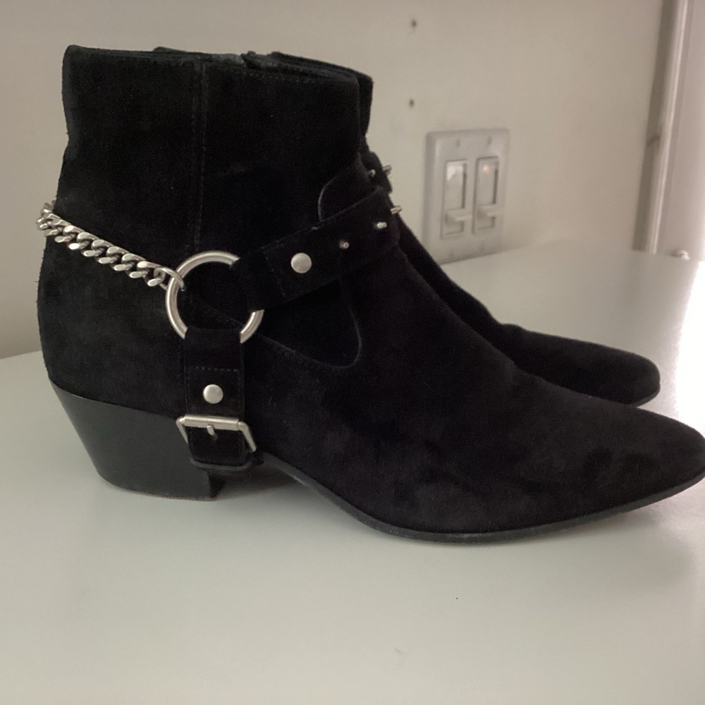 SAINT LAURENT SUEDE LEATHER WESTERN CHAIN HARNESS SPIKE BOOTIES SZ EUR 37.5 US 7